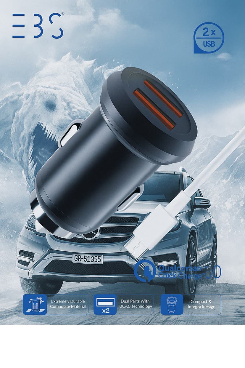 شارژر فندکی EBS دو پورت USB با فناوری QC3.0 - یزد موبایل