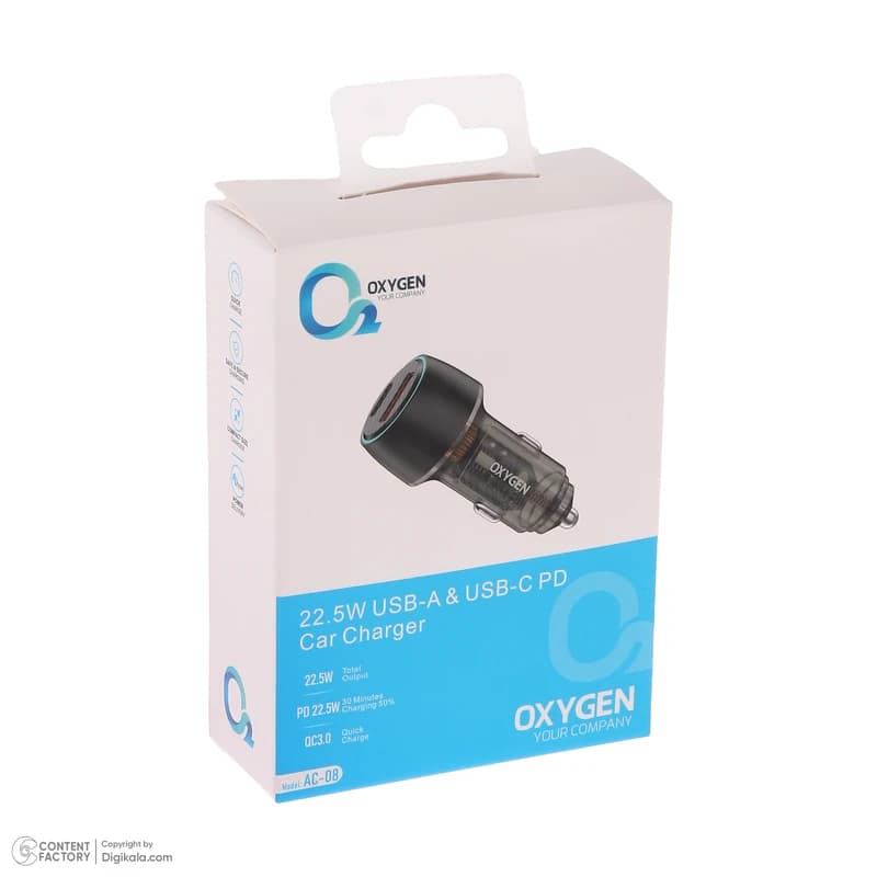 شارژر فندکی 22.5 وات دو پورت اکسیژن مدل AC-08 - یزد موبایل
